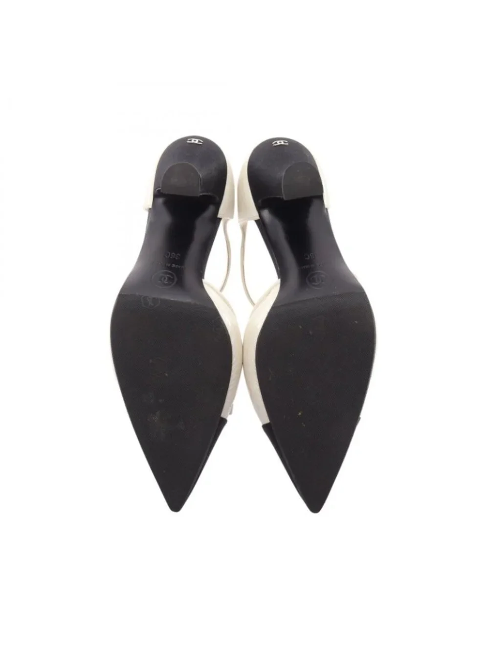 Chanel Pumps Pointed Toe Ribbon Leather Fabric Heel 36